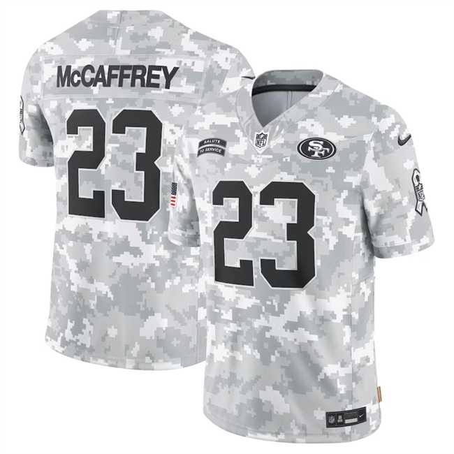 Men%27s San Francisco 49ers #23 Christian McCaffrey 2024 Arctic Camo Salute To Service Limited Stitched Jersey Dyin